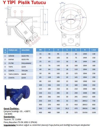 Garanti Flanşlı Y Tip Pislik Tutucu GG25 DN25